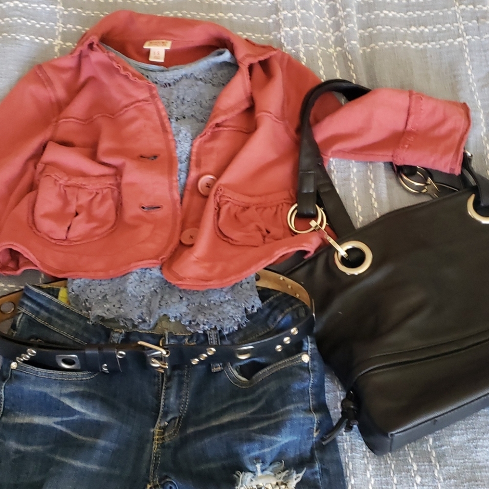 Top sky blue, jeans, & lite jacket bundle